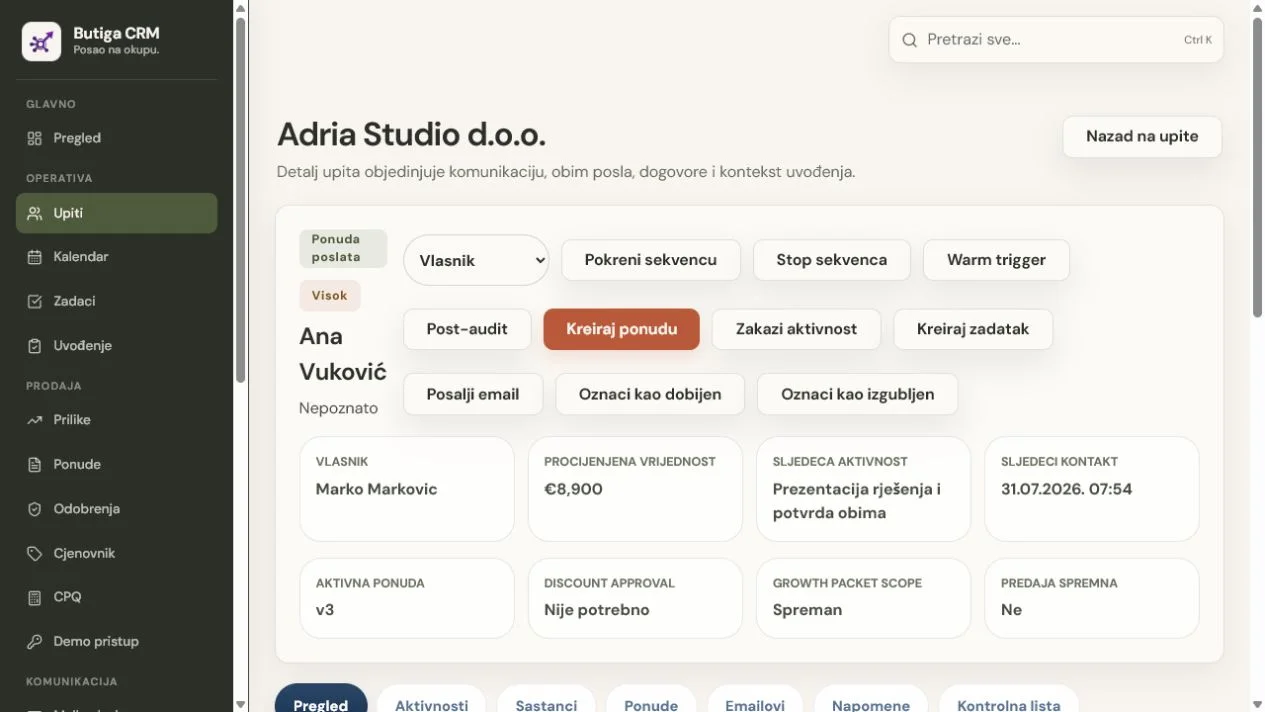 Butiga CRM zapis demonstracionog klijenta sa vlasnikom, vrijednošću prilike, ponudom i sljedećom aktivnošću